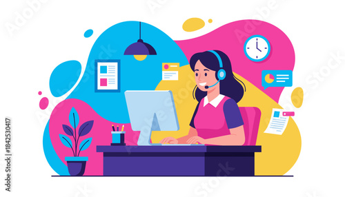 Smiling woman in headset provides virtual customer support at a dynamic modern desk