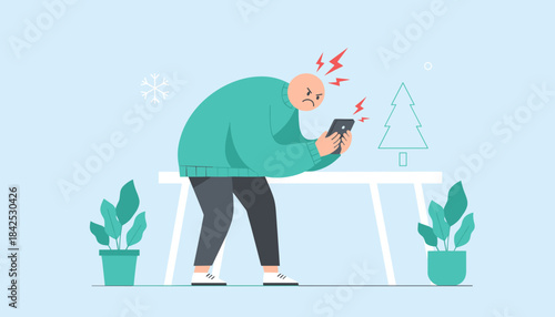 Angry person experiencing holiday stress and technology frustration while looking at a smartphone