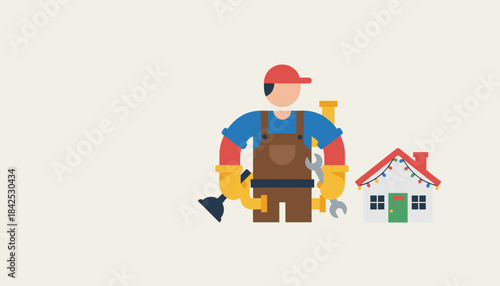 Plumber fixing holiday home issues Professional repair service illustration for Christmas maintenance