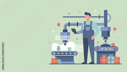 Festive factory automation Worker overseeing gift box production for Christmas season