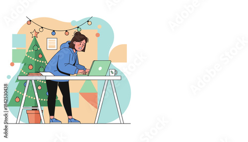 Woman stressed working on laptop near Christmas tree Holiday burnout and work deadlines