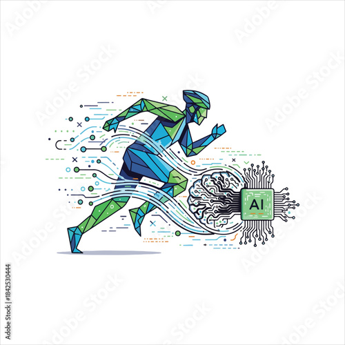 A vibrant, abstract vector illustration symbolizing AI and performance, showing a geometric human runner composed of green and blue lines merging with a digital brain and an "AI" microchip