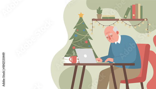 Senior man working overtime on laptop near Christmas tree Holiday work concept