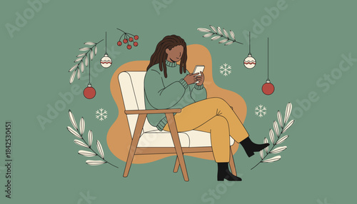 Cozy holiday texting Woman relaxing on a chair using a phone amidst festive Christmas decorations