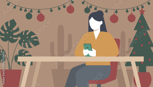 Woman textingbrowsing on smartphone while sitting by a Christmas tree