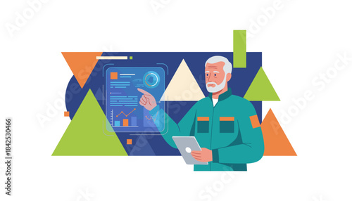 Senior expert analyzing futuristic data dashboard managing business or industrial performance