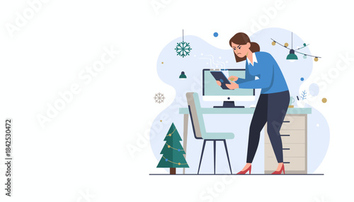 Angry employee working on tablet during holiday season Office stress and deadline pressure