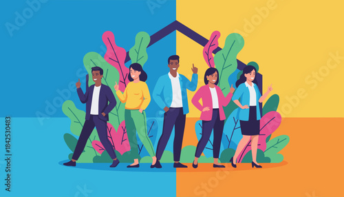 Diverse team of professionals pointing up symbolizing business ideas growth success and collaboration