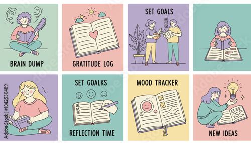 Collection of selfcare and journaling habits illustrations mood tracking goal setting reflection gratitude and new ideas