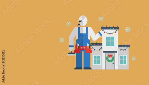 Professional installing holiday lights on a house Winter maintenance and seasonal service vector
