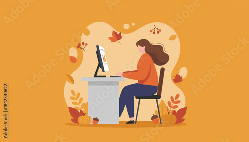 Businesswoman analyzing data on a desktop computer in an autumn workspace Seasonal remote work