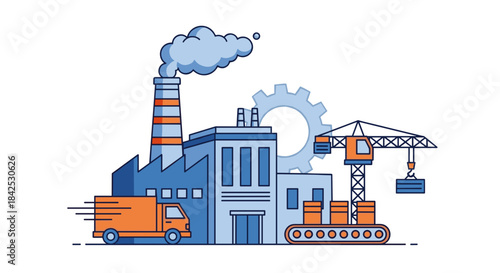 Industrial factory production complex vector Manufacturing logistics conveyor and crane icon