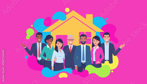 Diverse business team or real estate agents standing in front of a yellow house illustration