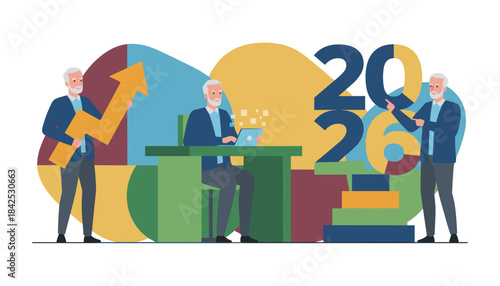 Senior businessman sets 2026 financial goals showing growth arrow and future planning