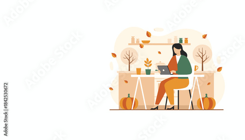 Businesswoman working remotely on a laptop in a cozy autumnal kitchen setting with pumpkins