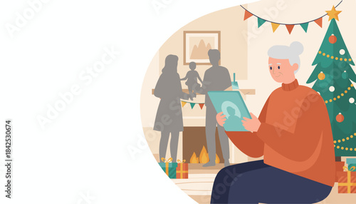 Senior woman enjoys virtual family connection via tablet next to a Christmas tree and fireplace