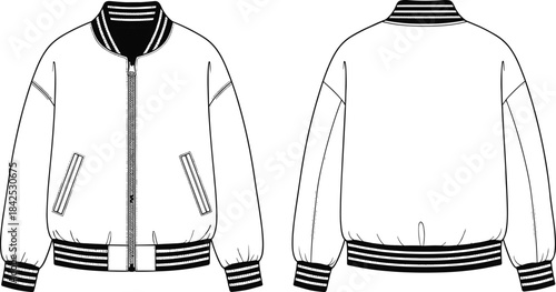 Classic bomber jacket front and back technical fashion template showcasing ribbed collar, cuffs, hem, zipper closure and pocket details, cad drawing flat vector illustration