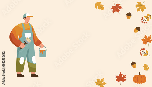 Home repair worker ready for fall projects holding brush and paint can Autumn leaves border design