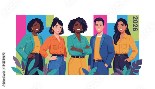 Smiling diverse business team ready for 2026 goals Corporate success partnership and leadership