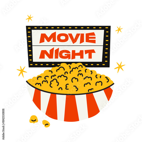 Cinema cartoon composition in doodle style isolated on white background. Vector flat movie graphic design element concept. Popcorn, signboard, 3D glasses, inscription