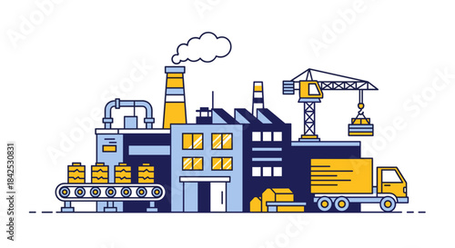 Industrial manufacturing facility with production line delivery truck and crane Logistics concept