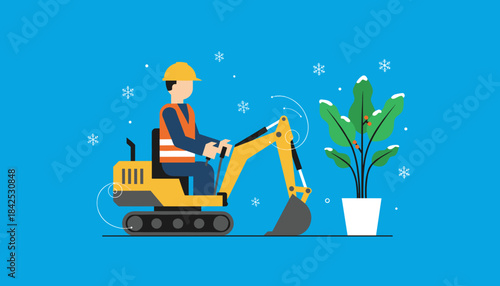 Flat illustration of a worker driving an excavator next to a potted plant in winter snow