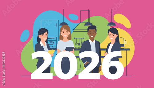 Diverse business team standing in a vibrant office kitchen with large 2026 numbers