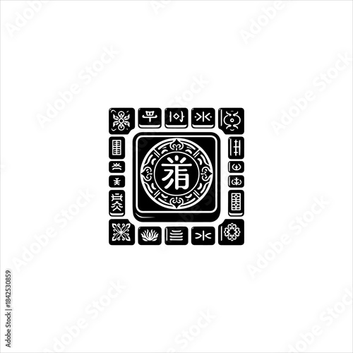 Mahjong tile shapes arranged as a clean black vector emblem design. Game icon concept