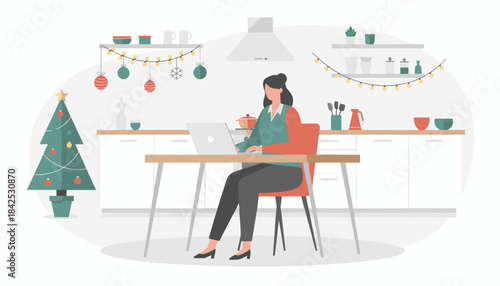 Woman working remotely on laptop in a festive kitchen Home office productivity during Christmas