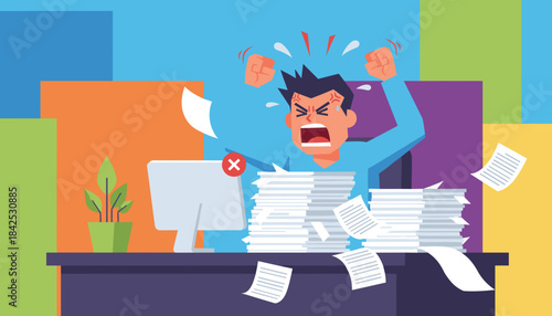 Overwhelmed office worker screams surrounded by huge paperwork stacks symbolizing stress burnout and failure