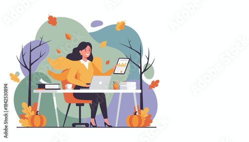 Professional woman works outdoors in autumn analyzing data on a tablet Fall productivity