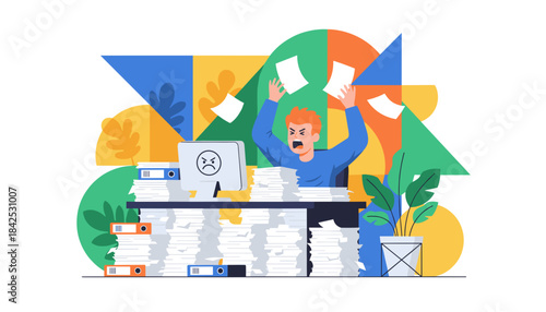 Stressed man overwhelmed by piles of paperwork and deadlines expressing burnout and workplace frustration