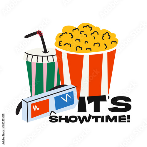 Cinema cartoon composition in doodle style isolated on white background. Vector flat movie graphic design element concept. Popcorn, signboard, 3D glasses, inscription