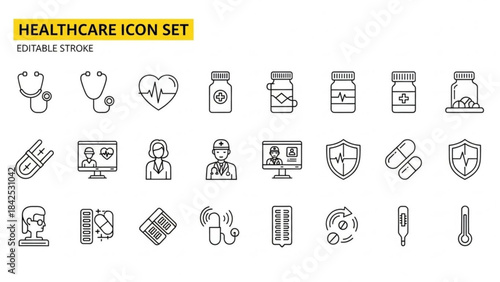 Healthcare and Telemedicine Icon Set - Medical Equipment, Digital Health, and Wellness Outline Icons with Editable Stroke
