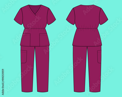 Women's Ruched Waist V-Neck Scrub Set Technical Flat Sketch