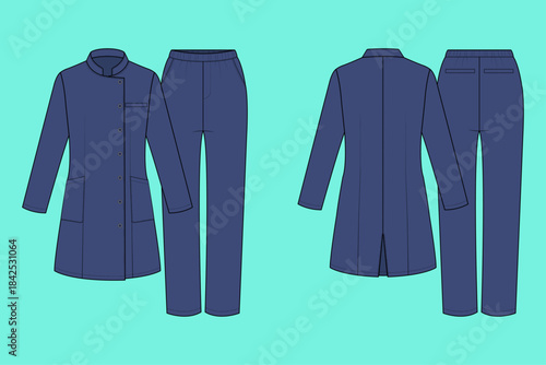 Mandarin Collar Tunic and Elastic Waist Trouser Uniform Set Fashion Technical Drawing Flat Sketch CAD
