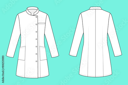 Mandarin-Collar Professional Lab Coat Front and Back Technical Flat Sketch Template