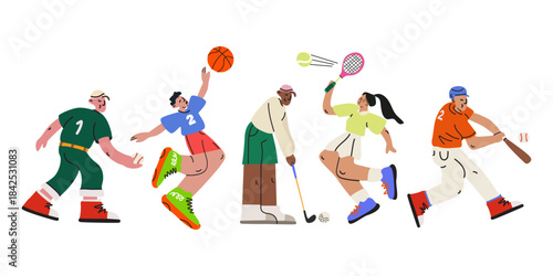 Athletes characters collection in retro cartoon style. Colorful people in dynamic poses. Baseball, basketball, golf, tennis. Sports, competition and healthy lifestyle concept
