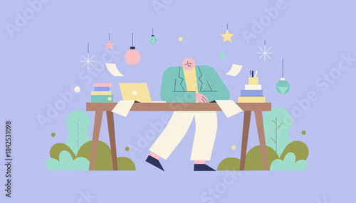 Overworked employee facing deadlines and stress during the festive endofyear period