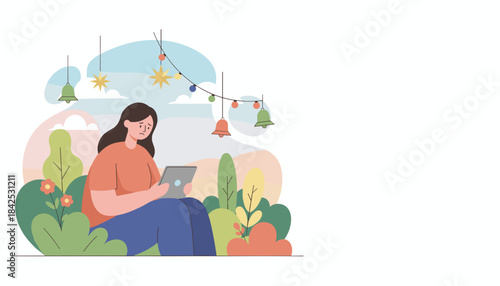Vector illustration of sad girl using digital tablet outdoors symbolizing loneliness and technology issues