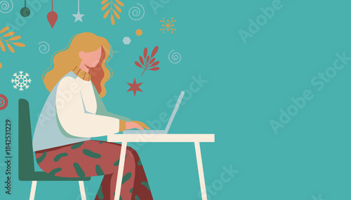 Woman working remotely on laptop in cozy winter attire surrounded by seasonal decorations Holiday business concept