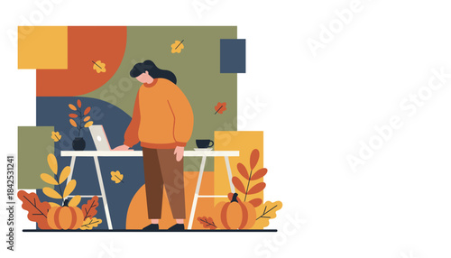 Woman works on laptop in cozy autumn home office with pumpkins and fall leaves illustrating remote work lifestyle