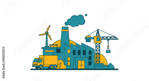 Industry and infrastructure illustration factory crane truck wind turbine Production logistics concept