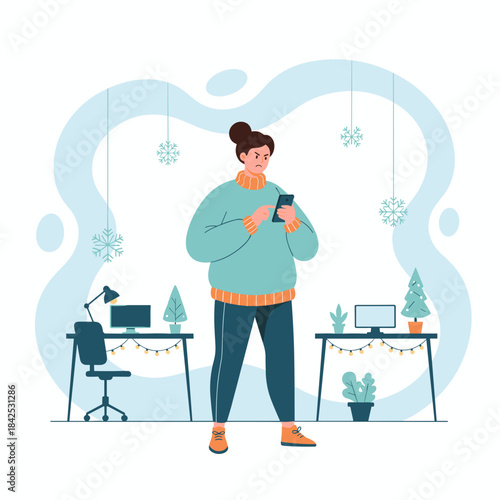 Frustrated woman reading phone in winter office Stress deadlines technology issues or holiday work