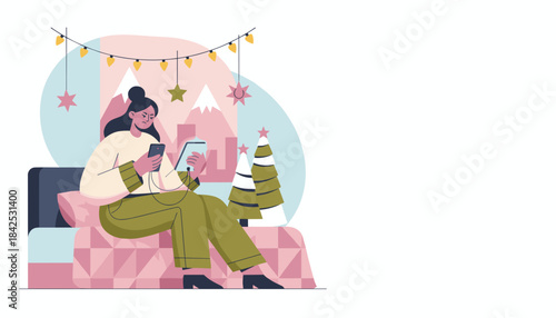 Woman stressed by digital addiction using phone and tablet during holiday downtime
