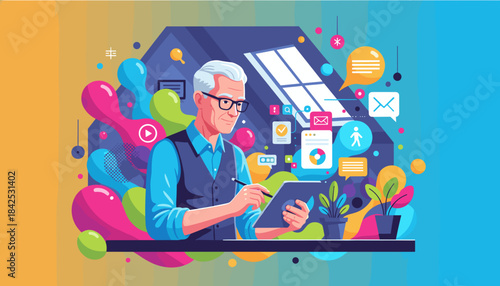 Senior man efficiently manages digital tasks using a tablet in a bright modern abstract workspace