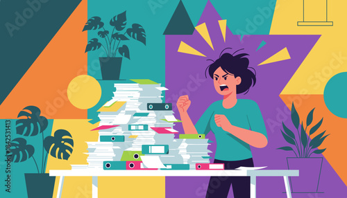 Office stress Woman overwhelmed by massive paperwork stack and job burnout