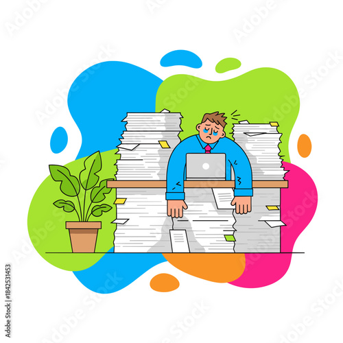 Stressed businessman overwhelmed by huge paperwork burden and tight deadlines Burnout concept