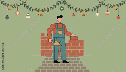 Construction worker building a festive fireplace or chimney for the holiday season