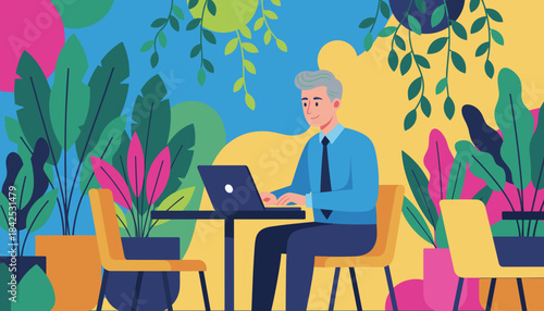 Man using laptop in colorful urban jungle cafe Remote work and modern lifestyle
